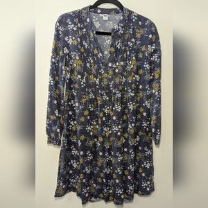 Old Navy Pleated Swing Dress Gray White Yellow Floral Long Sleeve Women's Size S